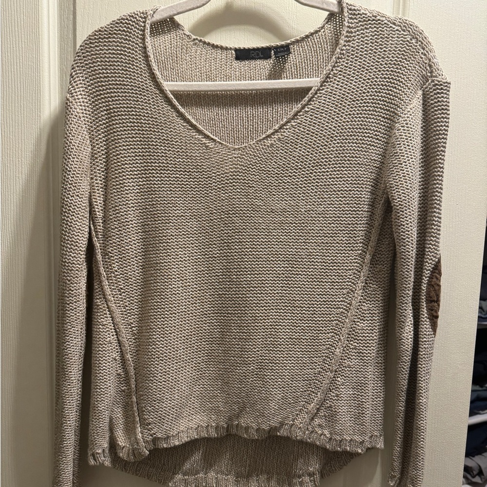 Taupe v neck loose knit sweater with elbow patches